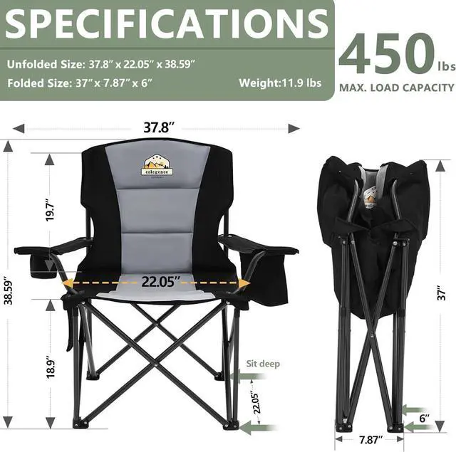 Alt view image 3 of 7 - Oversized Camping Chairs 2 Pack - 450lbs Support Heavy Duty Folding Camp Chair Wide Portable Outside Collapsible Chairs with Carry Bag,Cooler,Cup Holder for Outdoor,Lawn,Sports,Baseball,Soccer-Black