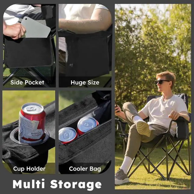 Alt view image 6 of 7 - Oversized Camping Chairs 2 Pack - 450lbs Support Heavy Duty Folding Camp Chair Wide Portable Outside Collapsible Chairs with Carry Bag,Cooler,Cup Holder for Outdoor,Lawn,Sports,Baseball,Soccer-Black