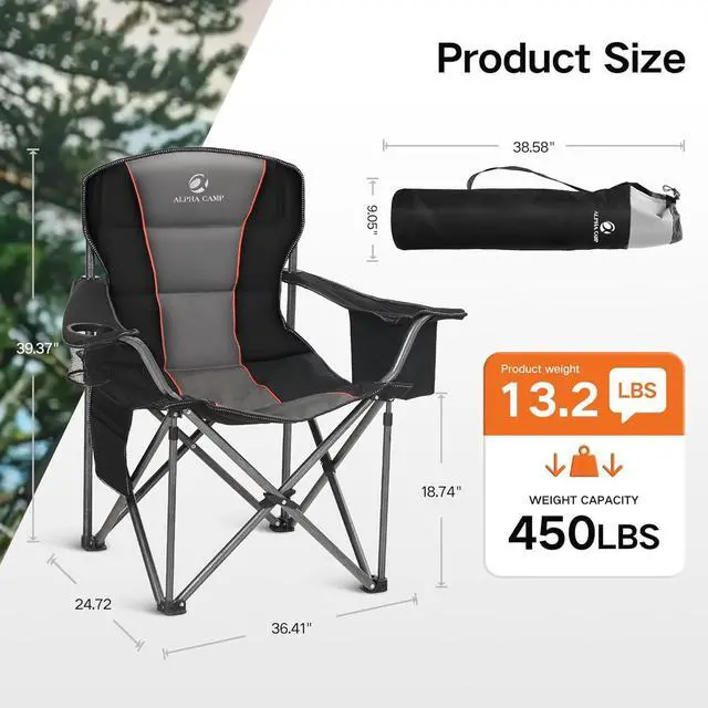 Alt view image 2 of 7 - Oversized Folding Camping Chair, Heavy Duty Portable Lawn Chairs with Cooler Bag, Side Pocket & Cup Holder, Folding Chairs for Outside Support 450 LBS