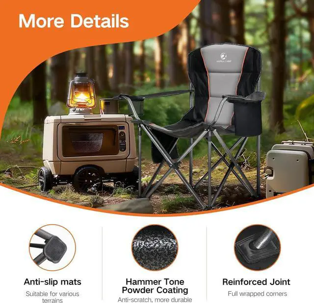 Alt view image 5 of 7 - Oversized Folding Camping Chair, Heavy Duty Portable Lawn Chairs with Cooler Bag, Side Pocket & Cup Holder, Folding Chairs for Outside Support 450 LBS