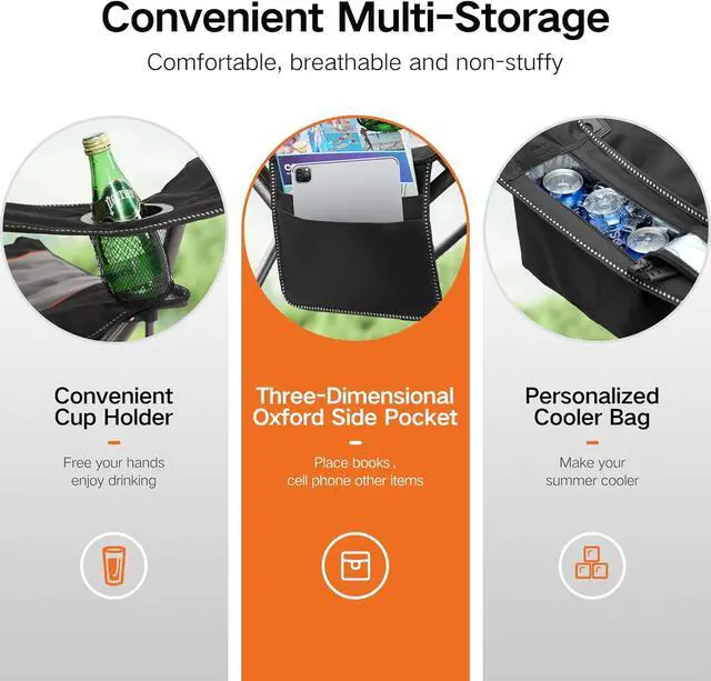 Alt view image 6 of 7 - Oversized Folding Camping Chair, Heavy Duty Portable Lawn Chairs with Cooler Bag, Side Pocket & Cup Holder, Folding Chairs for Outside Support 450 LBS