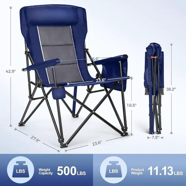 Alt view image 2 of 7 - Oversized Camping Chairs 29.52" High Back Heavy Duty Lawn Chair Support 500LBS, Portable Collapsible Chair with Cup Holder, Side Pocket,2 Pack(Blue)