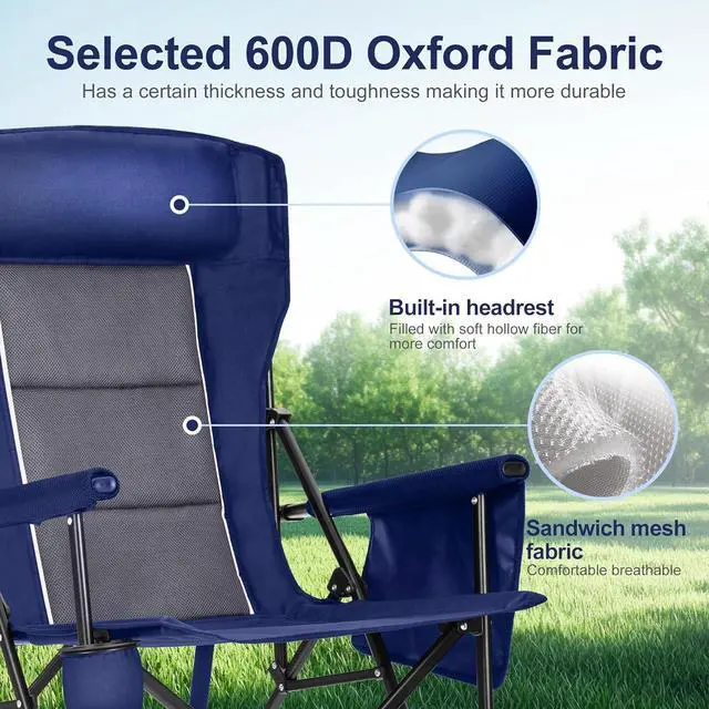 Alt view image 6 of 7 - Oversized Camping Chairs 29.52" High Back Heavy Duty Lawn Chair Support 500LBS, Portable Collapsible Chair with Cup Holder, Side Pocket,2 Pack(Blue)