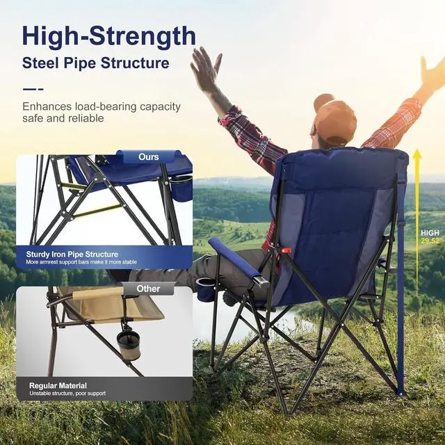 Alt view image 7 of 7 - Oversized Camping Chairs 29.52" High Back Heavy Duty Lawn Chair Support 500LBS, Portable Collapsible Chair with Cup Holder, Side Pocket,2 Pack(Blue)
