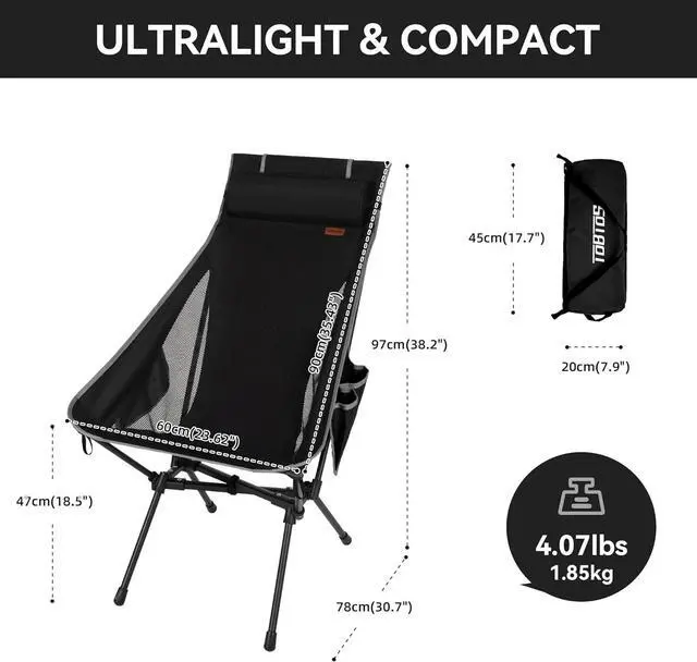 Alt view image 2 of 7 - Portable High Back Camping Chair, Support Heavy Duty 440 lbs, Compact Folding Chair with Detachable Pillow for Camp, Hiking, Backpacking (Black)