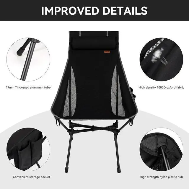 Alt view image 4 of 7 - Portable High Back Camping Chair, Support Heavy Duty 440 lbs, Compact Folding Chair with Detachable Pillow for Camp, Hiking, Backpacking (Black)