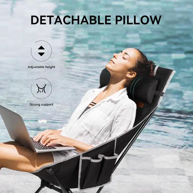 Alt view image 5 of 7 - Portable High Back Camping Chair, Support Heavy Duty 440 lbs, Compact Folding Chair with Detachable Pillow for Camp, Hiking, Backpacking (Black)