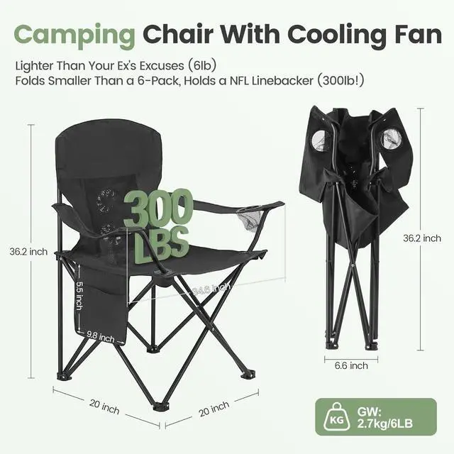 Alt view image 2 of 7 - 2 Pack Camping Chairs with Fan, Lightweight Camp Chair 300LBS Portable Foldable Chairs for Adults & Teens, Compact with Carry Bag for Camping, Beach, Picnics, Outdoor