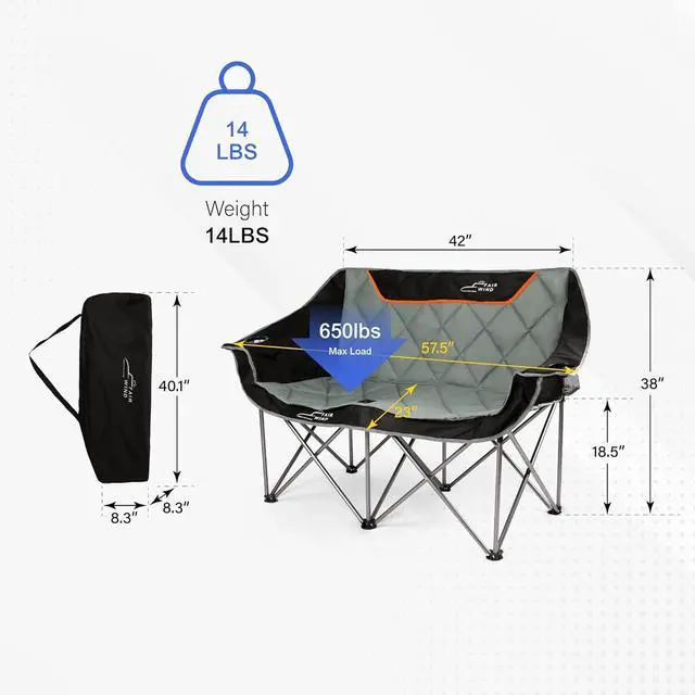 Alt view image 3 of 7 - Oversized Fully Padded Camping Chair Folding Loveseat Camping Couch Double Duo Chair Heavy Duty Quad Fold Arm Chair with Cup Hold - Supports 650 LBS Black