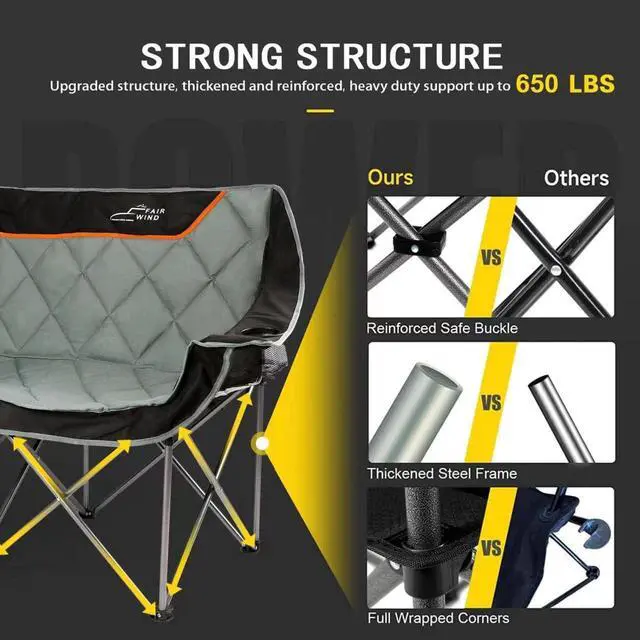 Alt view image 6 of 7 - Oversized Fully Padded Camping Chair Folding Loveseat Camping Couch Double Duo Chair Heavy Duty Quad Fold Arm Chair with Cup Hold - Supports 650 LBS Black