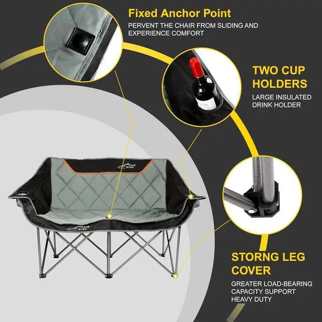 Alt view image 7 of 7 - Oversized Fully Padded Camping Chair Folding Loveseat Camping Couch Double Duo Chair Heavy Duty Quad Fold Arm Chair with Cup Hold - Supports 650 LBS Black