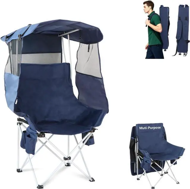 Main image of Folding Camping Chairs Canopy Outdoor: Sports Portable Beach Chair with Canopy-Lawn Beach Chairs with Umbrella for Adults-Camping Chair with Shade for Fishing Camp Heavy Duty (Regular, Navy Blue)