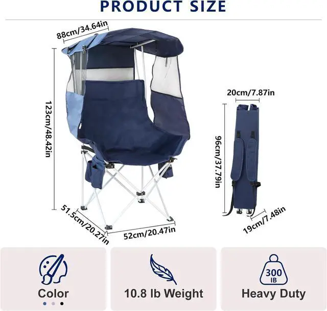 Alt view image 2 of 6 - Folding Camping Chairs Canopy Outdoor: Sports Portable Beach Chair with Canopy-Lawn Beach Chairs with Umbrella for Adults-Camping Chair with Shade for Fishing Camp Heavy Duty (Regular, Navy Blue)