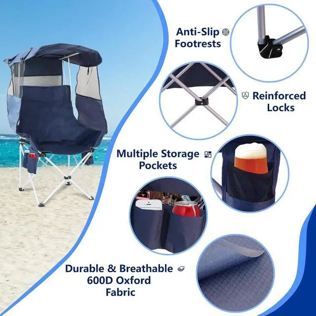 Alt view image 3 of 6 - Folding Camping Chairs Canopy Outdoor: Sports Portable Beach Chair with Canopy-Lawn Beach Chairs with Umbrella for Adults-Camping Chair with Shade for Fishing Camp Heavy Duty (Regular, Navy Blue)