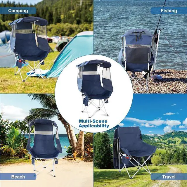 Alt view image 4 of 6 - Folding Camping Chairs Canopy Outdoor: Sports Portable Beach Chair with Canopy-Lawn Beach Chairs with Umbrella for Adults-Camping Chair with Shade for Fishing Camp Heavy Duty (Regular, Navy Blue)