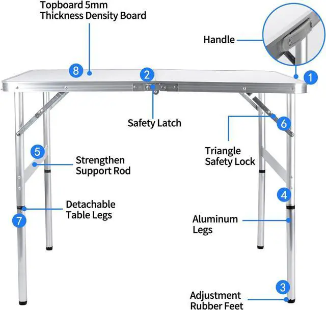 Alt view image 5 of 7 - Folding Camping Table 3 Ft Portable Picnic Table Foldable 2 Height Adjustable Aluminum Camp Table Outdoor for Card BBQ White 35.5×23.6×26 inch