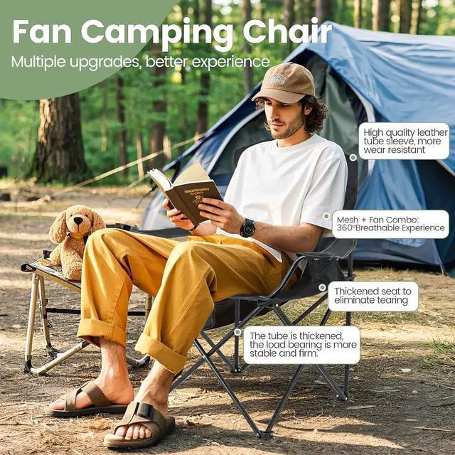 Alt view image 4 of 7 - 2 Pack Camping Chairs with Fan, Lightweight Camp Chair 300LBS Portable Foldable Chairs for Adults & Teens, Compact with Carry Bag for Camping, Beach, Picnics, Outdoor