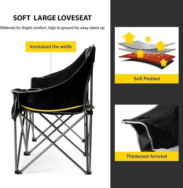 Alt view image 4 of 7 - Oversized Fully Padded Camping Chair Folding Loveseat Camping Couch Double Duo Chair Heavy Duty Quad Fold Arm Chair with Cup Hold - Supports 650 LBS Black