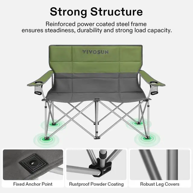 Alt view image 6 of 7 - [outlets] Double Camping Chair, Fully Padded Folding Loveseat, Portable Oversized Duo Chair with Storage Cup Holders, Height-adjustable Armrests & Carry Bag, Supports up to 500lbs, Green & Grey