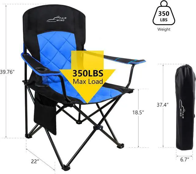 Alt view image 3 of 6 - 2 Pack Oversized Fully Padded Camping Chair Heavy Duty Quad Fold Arm Chair Support 350 LBS with Cup Holder, Collapsible Lumbar Back Chair Portable for Outdoor, Blue