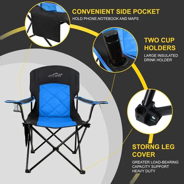 Alt view image 4 of 6 - 2 Pack Oversized Fully Padded Camping Chair Heavy Duty Quad Fold Arm Chair Support 350 LBS with Cup Holder, Collapsible Lumbar Back Chair Portable for Outdoor, Blue