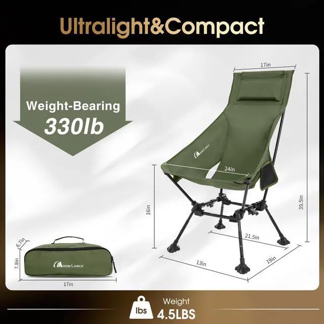 Alt view image 3 of 7 - High Back Folding Camping Chairs, Adjustable Height Beach Chair with Anti-Sinking Feet & Widened Seat (Green)