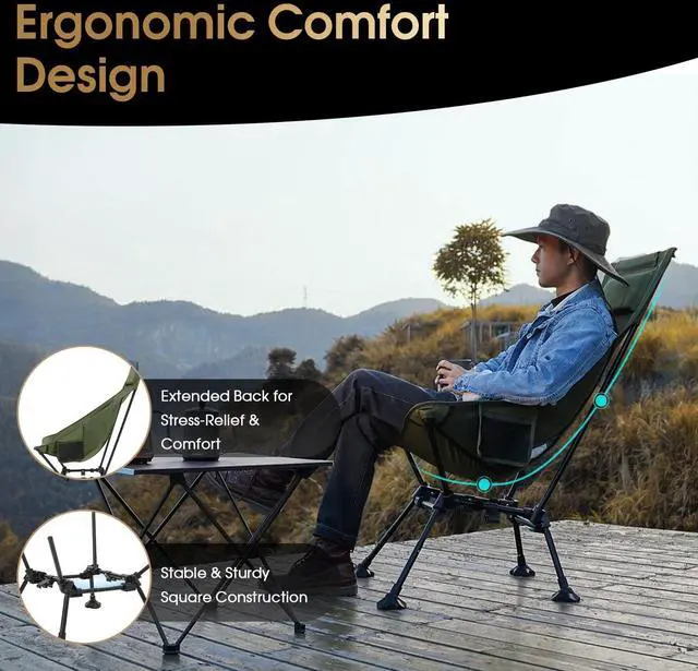 Alt view image 4 of 7 - High Back Folding Camping Chairs, Adjustable Height Beach Chair with Anti-Sinking Feet & Widened Seat (Green)
