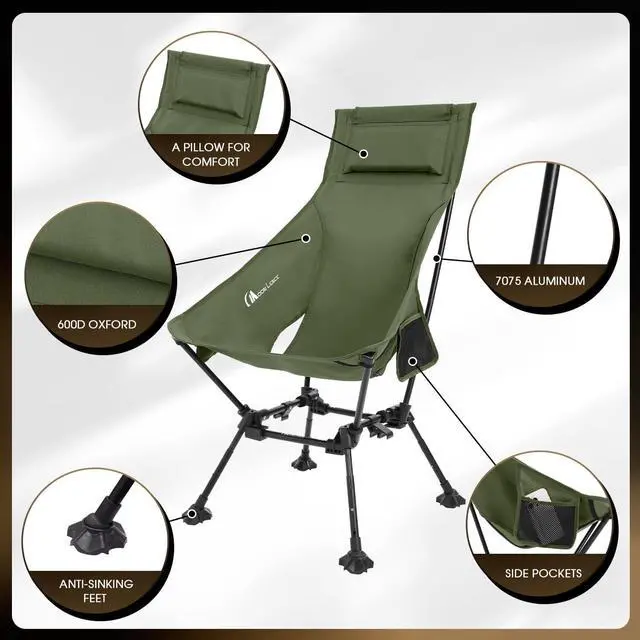 Alt view image 7 of 7 - High Back Folding Camping Chairs, Adjustable Height Beach Chair with Anti-Sinking Feet & Widened Seat (Green)