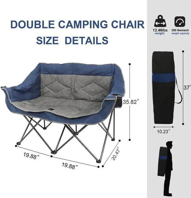 Alt view image 3 of 6 - Folding Loveseat Camping Chair,Portable Double Chair w/Cup Holder,Wine Glass Holder,Carry Bag Heavy Duty Lawn Chair for 2 Adults,Perfect for Camp,Hiking,Picnics and Beach Trips,Blue