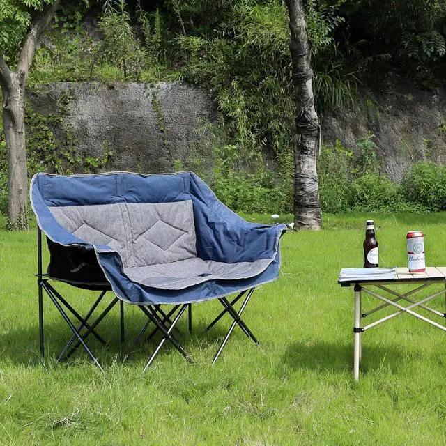 Alt view image 2 of 6 - Folding Loveseat Camping Chair,Portable Double Chair w/Cup Holder,Wine Glass Holder,Carry Bag Heavy Duty Lawn Chair for 2 Adults,Perfect for Camp,Hiking,Picnics and Beach Trips,Blue