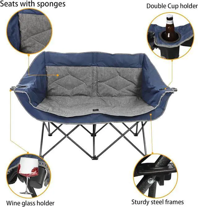 Alt view image 5 of 6 - Folding Loveseat Camping Chair,Portable Double Chair w/Cup Holder,Wine Glass Holder,Carry Bag Heavy Duty Lawn Chair for 2 Adults,Perfect for Camp,Hiking,Picnics and Beach Trips,Blue