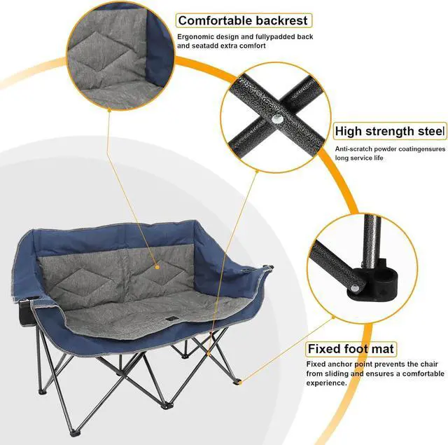 Alt view image 4 of 6 - Folding Loveseat Camping Chair,Portable Double Chair w/Cup Holder,Wine Glass Holder,Carry Bag Heavy Duty Lawn Chair for 2 Adults,Perfect for Camp,Hiking,Picnics and Beach Trips,Blue