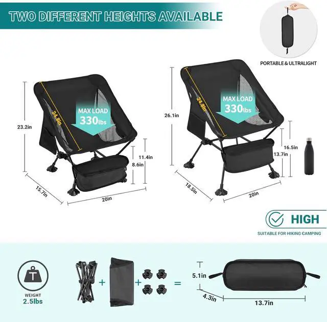 Alt view image 3 of 7 - Backpacking Chair, Ultralight Folding Portable Small Camping Chairs for Adults Compact Foldable Beach Seat with Anti-Sinking Feet & Aluminum Frame for Outdoor Hiking Travel Fishing, 2 Pack Black