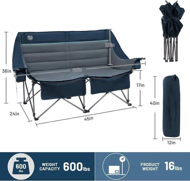Alt view image 3 of 7 - Double Camping Chair, Heavy Duty Outdoor Folding Camp Couch, Loveseat Camping Chairs Perfect for Campsites, Patio/Lawn, Soccer Games or Other Youth Sports, Supports 600 lbs