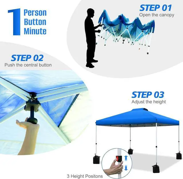 Alt view image 2 of 7 - Pop up Canopy Tent 10x10ft, 1-Button Push Setup, Instant Portable Shelter, Adjustable Height, Portable Roller Bag, 4 Weight Bags, Guy Ropes & Stakes Included Blue