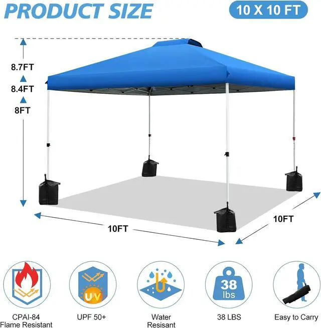 Alt view image 3 of 7 - Pop up Canopy Tent 10x10ft, 1-Button Push Setup, Instant Portable Shelter, Adjustable Height, Portable Roller Bag, 4 Weight Bags, Guy Ropes & Stakes Included Blue