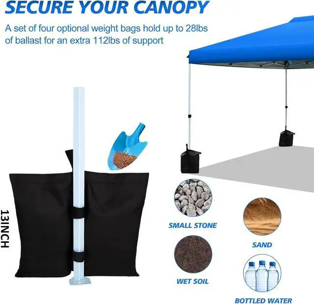 Alt view image 5 of 7 - Pop up Canopy Tent 10x10ft, 1-Button Push Setup, Instant Portable Shelter, Adjustable Height, Portable Roller Bag, 4 Weight Bags, Guy Ropes & Stakes Included Blue