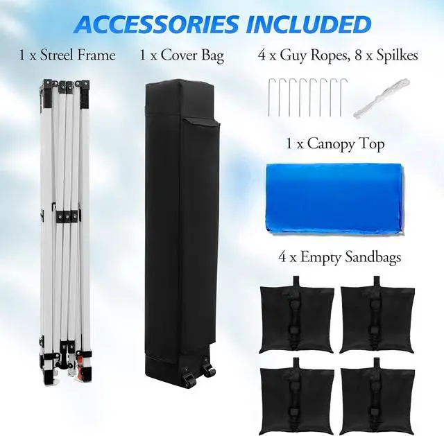 Alt view image 6 of 7 - Pop up Canopy Tent 10x10ft, 1-Button Push Setup, Instant Portable Shelter, Adjustable Height, Portable Roller Bag, 4 Weight Bags, Guy Ropes & Stakes Included Blue