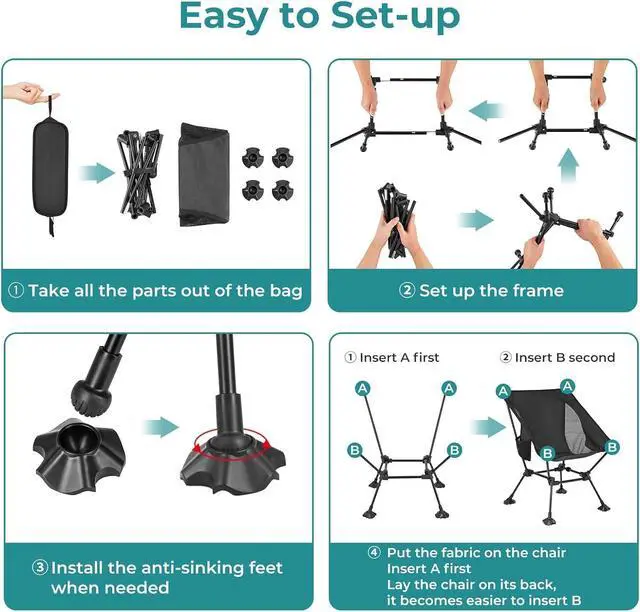 Alt view image 5 of 7 - Backpacking Chair, Ultralight Folding Portable Small Camping Chairs for Adults Compact Foldable Beach Seat with Anti-Sinking Feet & Aluminum Frame for Outdoor Hiking Travel Fishing, 2 Pack Black
