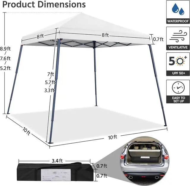 Alt view image 3 of 7 - Instant Canopy Tent, 10x10 Slant Leg Easy Outdoor Pop up Canopy, Folding Portable Gazebo Instant Shelter Tent with Backpack for Garden/Camping/Party, 10x10 Base 8x8 Top, White