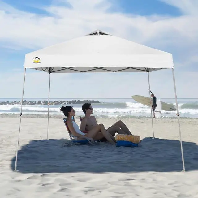 Alt view image 5 of 5 - 9x9 Pop Up Canopy Tent Slanted Legs for Added Stability - Beach Tent Sun Shelter for Outdoor Shades - Canopy with 11x11 Base, with Carry Bag, White
