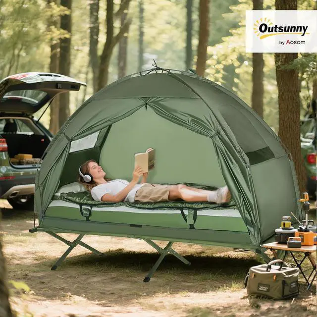 Alt view image 2 of 7 - Camping Tent Cot, 4-in-1 Folding Tent Cot Combo with Mattress, Pillow, Sleeping Bag, Roller Carrying Bag, Off Ground Travel Camp Cot for Hiking, Backpacking, Picnic