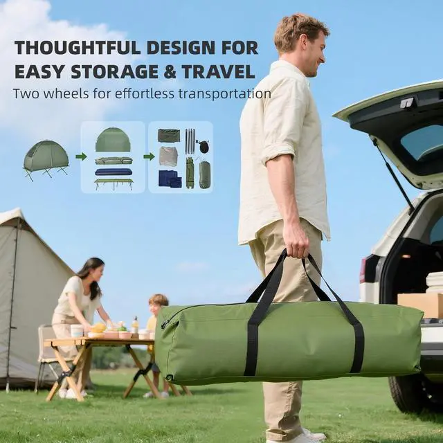 Alt view image 5 of 7 - Camping Tent Cot, 4-in-1 Folding Tent Cot Combo with Mattress, Pillow, Sleeping Bag, Roller Carrying Bag, Off Ground Travel Camp Cot for Hiking, Backpacking, Picnic