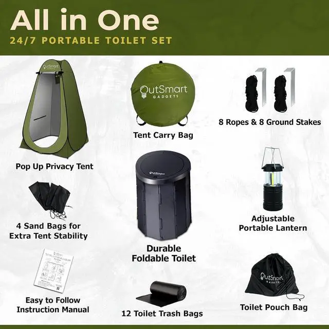 Alt view image 4 of 7 - Outdoor Portable Toilet Set for Adults with Camping Night Lantern, Folding XL Toilet, Pop Up Privacy Tent and Carry Bags, Multipurpose Potty, Washable and Foldable for RV Travel