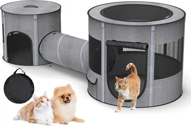 Main image of Portable Cat Playpen with Tunnel, 3 in 1 Foldable Puppy Play Pen, Waterproof Bottom, Enclosed 2-Room Separable Pet Tent for Indoor/Outdoor, Multi-Purpose Enclosure Crate Cage for Kitten Dog Rabbit