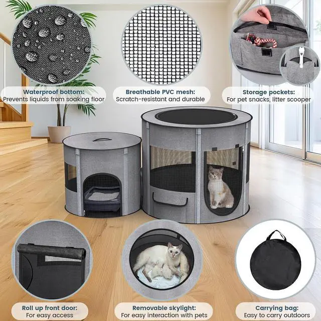 Alt view image 2 of 6 - Portable Cat Playpen with Tunnel, 3 in 1 Foldable Puppy Play Pen, Waterproof Bottom, Enclosed 2-Room Separable Pet Tent for Indoor/Outdoor, Multi-Purpose Enclosure Crate Cage for Kitten Dog Rabbit