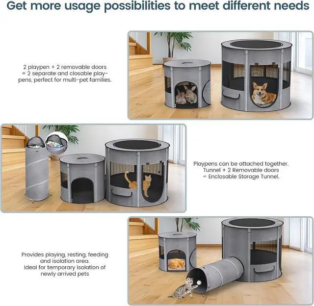 Alt view image 3 of 6 - Portable Cat Playpen with Tunnel, 3 in 1 Foldable Puppy Play Pen, Waterproof Bottom, Enclosed 2-Room Separable Pet Tent for Indoor/Outdoor, Multi-Purpose Enclosure Crate Cage for Kitten Dog Rabbit
