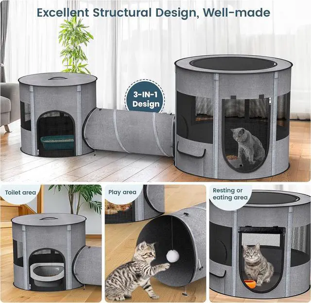 Alt view image 4 of 6 - Portable Cat Playpen with Tunnel, 3 in 1 Foldable Puppy Play Pen, Waterproof Bottom, Enclosed 2-Room Separable Pet Tent for Indoor/Outdoor, Multi-Purpose Enclosure Crate Cage for Kitten Dog Rabbit