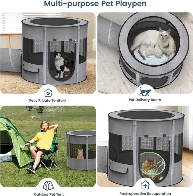 Alt view image 5 of 6 - Portable Cat Playpen with Tunnel, 3 in 1 Foldable Puppy Play Pen, Waterproof Bottom, Enclosed 2-Room Separable Pet Tent for Indoor/Outdoor, Multi-Purpose Enclosure Crate Cage for Kitten Dog Rabbit
