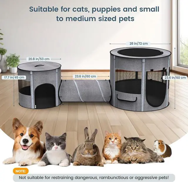Alt view image 6 of 6 - Portable Cat Playpen with Tunnel, 3 in 1 Foldable Puppy Play Pen, Waterproof Bottom, Enclosed 2-Room Separable Pet Tent for Indoor/Outdoor, Multi-Purpose Enclosure Crate Cage for Kitten Dog Rabbit